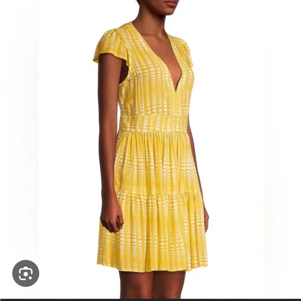 Lemlem Yellow and White Geometric V- Neck Mini Dress-XS